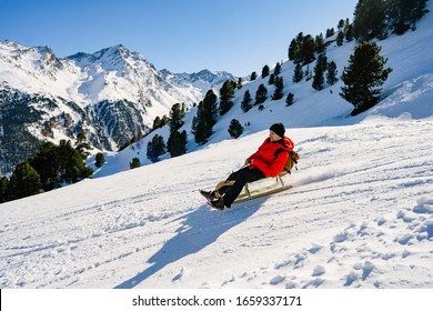 Speeding Downhill On Wooden Sled. Happy Influencer Having Fun With Wood Vintage Sledding On Snow High Mountains - Natural Sled Runs 