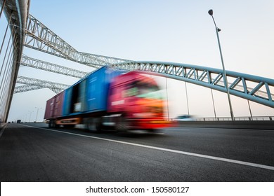 Speeding Truck Go Through The Bridge.