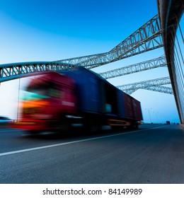 Speeding Truck Go Through The Bridge.