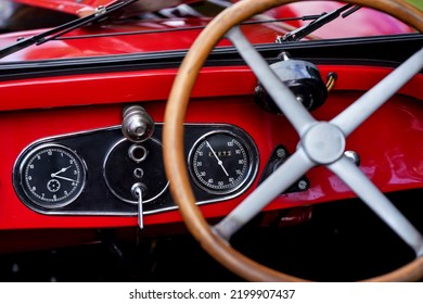 Speedometer On Vintage Red Car, Closeup Detail