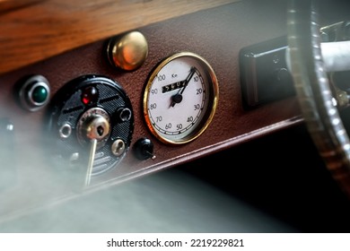 Speedometer On Vintage Red Car, Closeup Detail