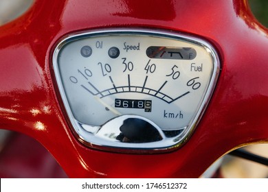 Speedometer red moped. Old speed classic odometer