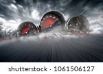 Speedometer scoring high speed in a fast motion blur racetrack background. Speeding Car Background Photo Concept.