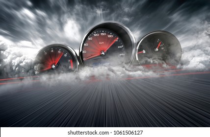 Speedometer scoring high speed in a fast motion blur racetrack background. Speeding Car Background Photo Concept. - Shutterstock ID 1061506127
