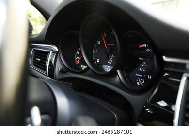 Speedometer and tachometer inside of modern car, closeup