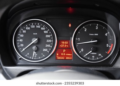 The speedometer unit of a car in closeup
