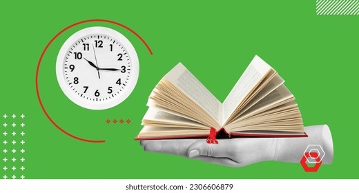 Speed-reading and effective learning in a limited amount of time. Value of reading and efficient use of time. Hand holds open book, next to a clock. Minimalist art collage