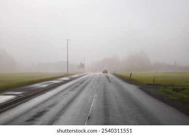 speedway or freeway in the heavy fog. Driving dangerously, winter fog. - Powered by Shutterstock