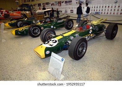 Speedway, IN, USA - May 21, 2015:  An exhibition of vintage Lotus race cars on display at the Indianapolis Motor Speedway museum.