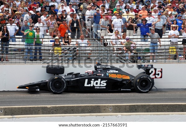 Speedway, IN, USA - May 25, 2008:\
Canadian driver Marty Roth slides to a stop after hitting the wall\
during the 2008 Indy 500 at Indianapolis Motor\
Speedway.