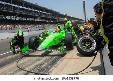 Speedway, IN, USA - May 27, 2012:  IndyCar driver James Hinchcliffe makes a pit stop during the 2012 Indy 500 at Indianapolis Motor Speedway.