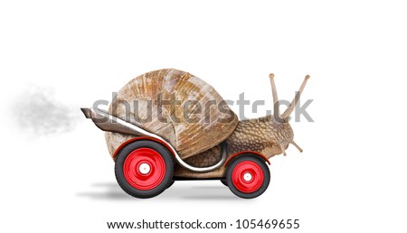 Speedy snail like car racer. Concept of speed and success. Wheels are blur because of moving. Isolated on white background