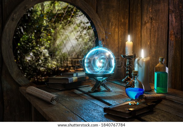 Spell book,\
Crystal mystic light ball, magic ring, magic potions bottles,\
burning candle and other various witchcraft accessories on the\
wizard table background. Alchemist \
concept.