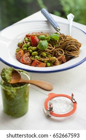 Spelt Spaghetti With Edamame, Fresh Tomatoes And Home Made Pesto