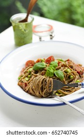 Spelt Spaghetti With Edamame, Fresh Tomatoes And Home Made Pesto