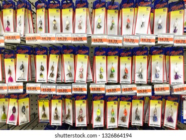 Spencer, Wisconsin, March, 1, 2019  Several Spinner Fishing Baits On A Modern Sporting Goods Store Display