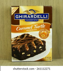 SPENCER , WISCONSIN, March, 16, 2015  Box Of  Ghirardelli Carmel Turtle Brownie Mix. Ghiradelli Was Founded In 1852