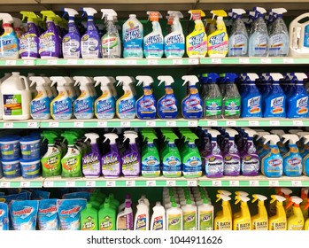 Spencer, Wisconsin, March,13, 2018   Several Bottles Of Cleaning Products On A Store Shelf