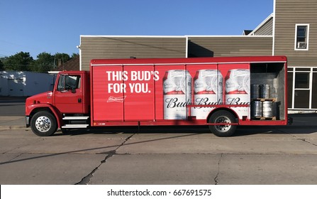 Spencer, Wisconsin,June, 27,, 2017  Budweiser Delivery Truck Delivering Beer To A Tavern. 