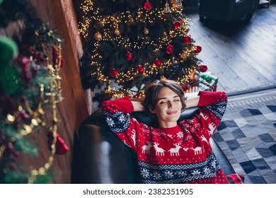 Spending at home young girl brown bob hair hands head chilling attractive person pretty dreams enjoying christmas time isolated indoors