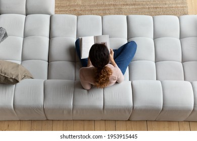 Spending leisure time. Top view of casual female student teenager sit on comfortable couch at living room read book with blank pages. Young woman looking through photo album choose goods in catalogue