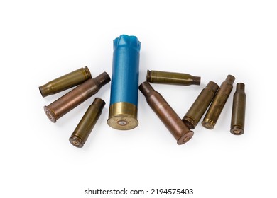 Spent Shotgun Shell 12 Gauge With Brass Base And Blue Plastic Hull And Spent Shells Different Calibers From Assault Rifles On A White Background
