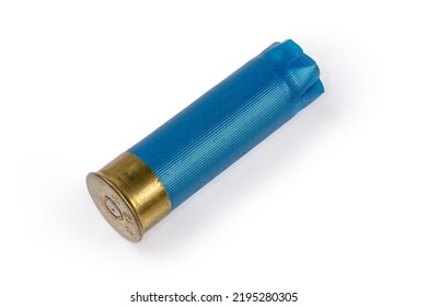 Spent Shotgun Shell 12 Gauge With Brass Base And Blue Plastic Hull On A White Background
