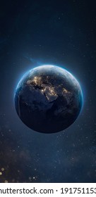 Sphere of night Earth planet in outer space. City lights on planet. Sci-fi vertical wallpaper. Solar system element. Elements of this image furnished by NASA