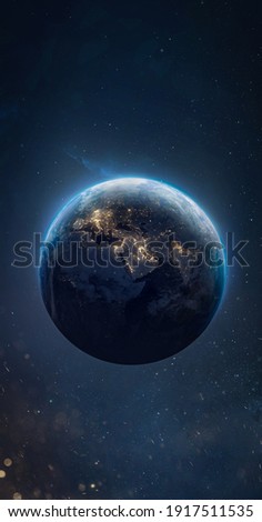 Sphere of night Earth planet in outer space. City lights on planet. Sci-fi vertical wallpaper. Solar system element. Elements of this image furnished by NASA