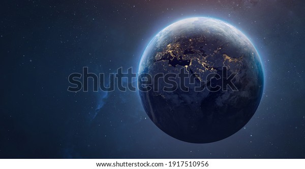 Sphere of nightly Earth planet in outer space.\
City lights on planet. Life of people. Solar system element.\
Elements of this image furnished by\
NASA