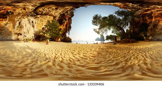 Spherical 360 degrees panorama of a sandy beach among limestone mountains. Phra Nang beach. Krabi, Thailand