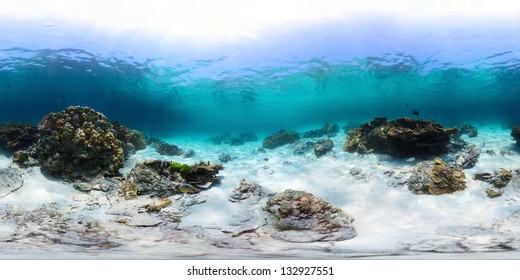 Spherical, 360 degrees panorama of tropical reef with a rocks on sandy bottom, Racha Yai island, Phuket
