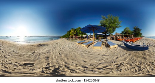 Spherical, 360 degrees panorama of tropical beach on the island of Trawangan, Indonesia