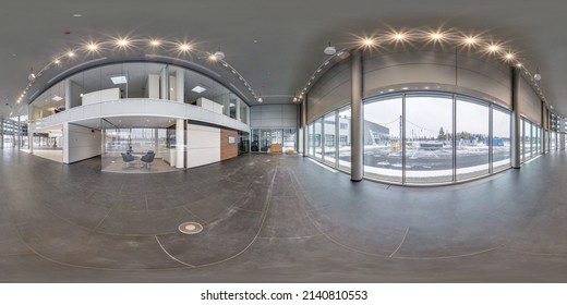 spherical 360 hdri panorama in empty room with repair in full seamless equirectangular projection in interior of white room with huge panoramic windows