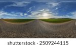 spherical 360 hdri panorama on old asphalt road with cracks with clouds and sun on evening blue sky in equirectangular seamless projection, as sky replacement in drone panoramas, game development