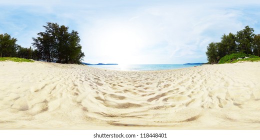 Spherical, 3600 degrees panorama of a tropical beach with white sand and green trees on the coast. Bang Tao beach of Phuket island, Thailand