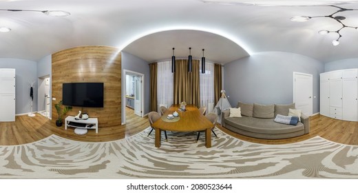 spherical hdri 360 panorama in interior of vip guest room hall in apartment or hotel with sofa table armchairs and tv in equirectangular seamless projection, VR content
