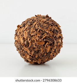 A spherical object covered in brown, textured wood chips against a plain white background, resembling a decorative natural element.