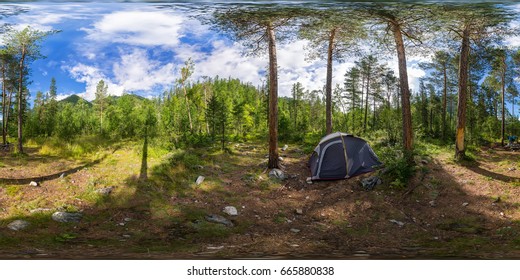 Spherical Panorama 360 Degrees 180 Tent On Camping In The Forest.