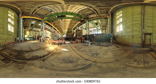 Spherical panorama of abandoned plant. Full 360 by 180 degree in equirectangular projection. 
