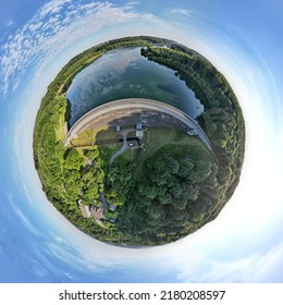 360° Spherical Tiny Planet Photography Over A Idyllic Reservoir Dam