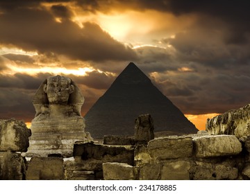 The Sphinx and the pyramid of Cheops in Giza in the background of a sky, Cairo, Giza