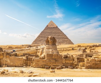 Sphinx and pyramid in the egyptian desert