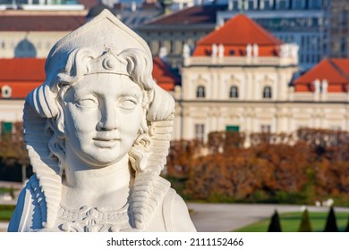 Sphinx sculpture with Lower Belvedere palace in Vienna, Austria