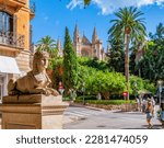Sphinx statue on Passeig del Born street with Cathedral at background, Palma de Mallorca, Balearic islands, Spain