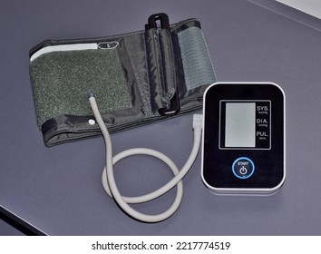 Sphygmomanometer Medical Device Used For Measuring Blood Pressure In Patients Sitting On A Table. Directly Above View, No People.