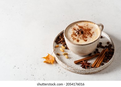 Spice Coffee And Masala Tea Winter Drink On White Background, Copy Space, Top View