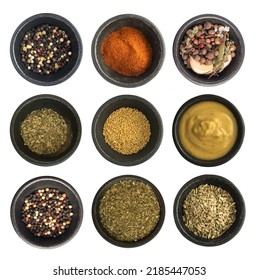Spice Collection. Dry Seasoning Mix, Condiments Set, Crushed Spicy Seeds and Herbs Isolated Top View