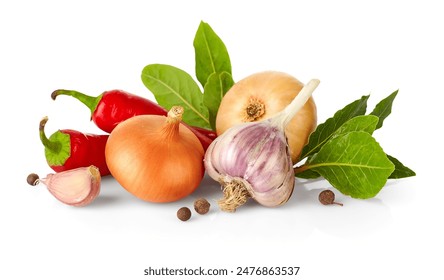 Spice. Fresh spices with garlic, onions, cayenne pepper and green bay leaves. Cooking food natural organic spice ingredients. Isolated on white background. - Powered by Shutterstock