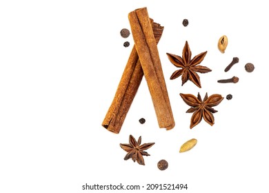 spice isolate. a set of spices for mulled wine. anise, cinnamon and cloves on a white table. spices for making a winter drink on a white background - Shutterstock ID 2091521494